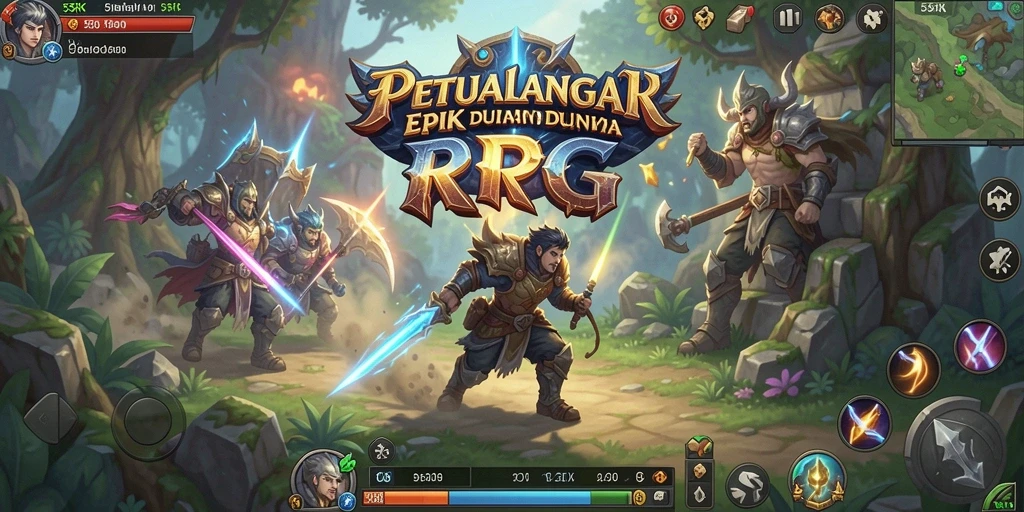 Screenshot permainan 55RK menampilkan pertarungan karakter di dunia fantasi.