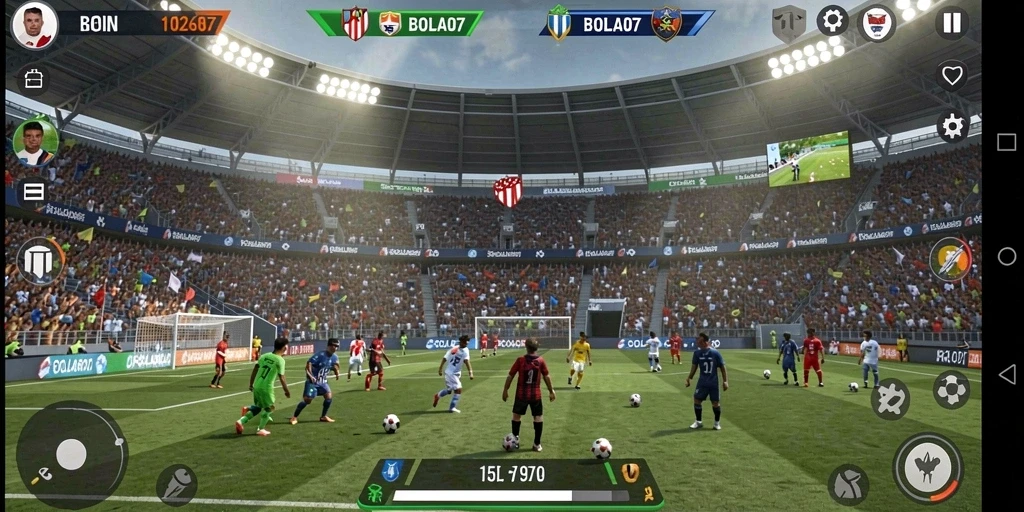 Gameplay BOLA07 yang menampilkan aksi sepak bola yang mendebarkan.