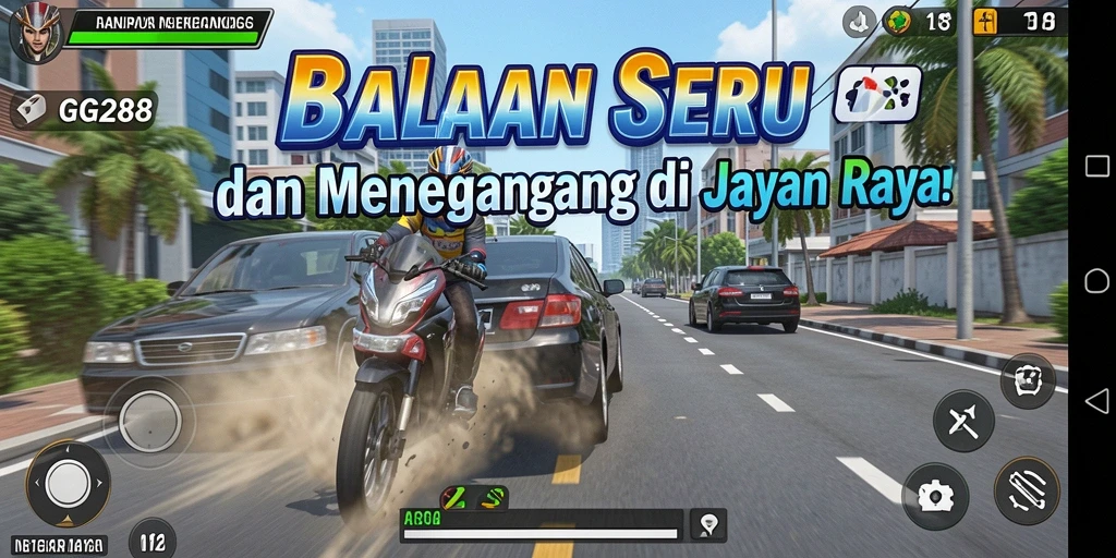 Gameplay GG288 menunjukkan aksi balapan yang mendebarkan di jalan raya.