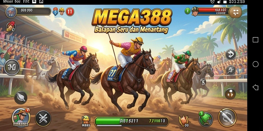 Tangkapan layar utama MEGA388 menampilkan aksi balapan yang intens dan mengasyikkan.