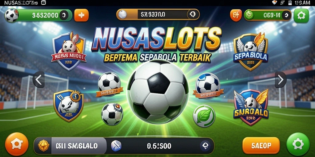 Tampilan utama gameplay NUSASLOTS dengan tema sepak bola yang seru.